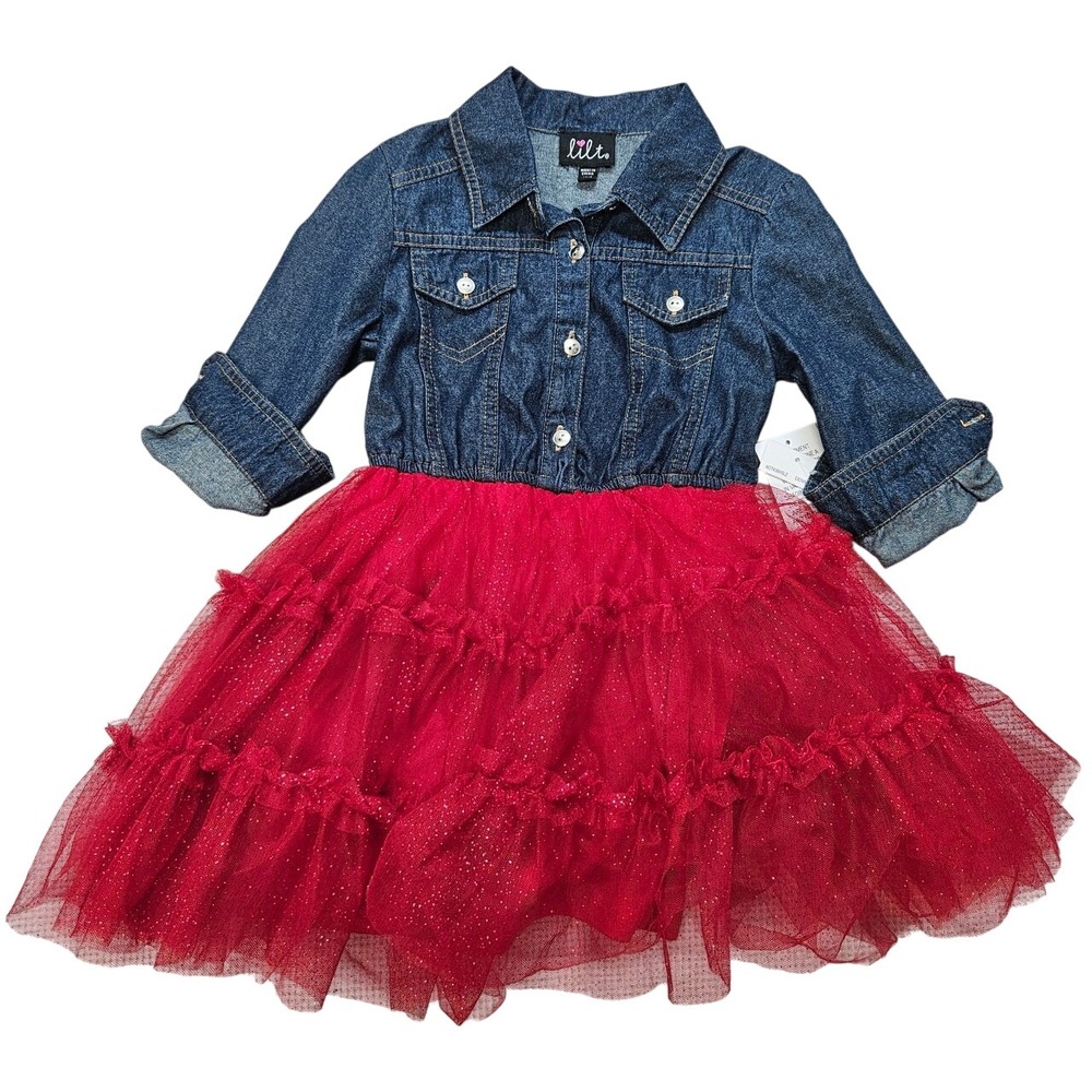 Lilt Girls Denim and Red Glitter Tutu Dress Size XXS 4-5 3/4 Sleeve ND7406H8LZ‎